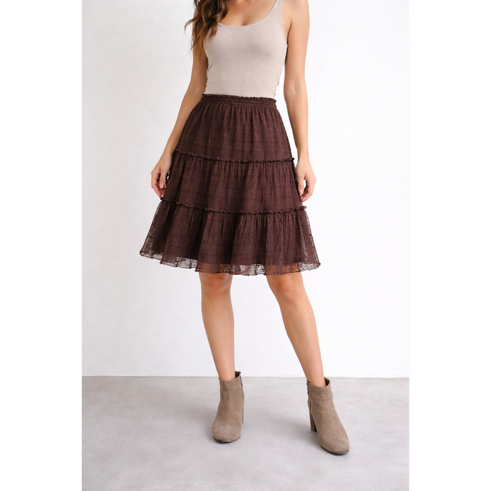 Max Studio Chocolate Brown Tiered Crinkled Ruffle Skirt Women M Boho Y2K USA VTG